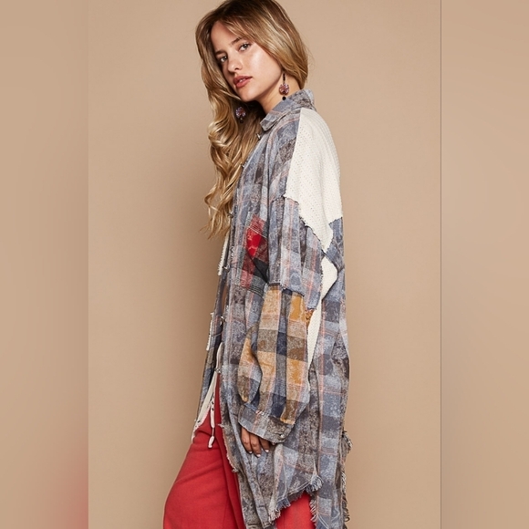NWT POL Peace Plaid Patchwork Oversize Button down Bohemian Shirt Shacket - Picture 6 of 10